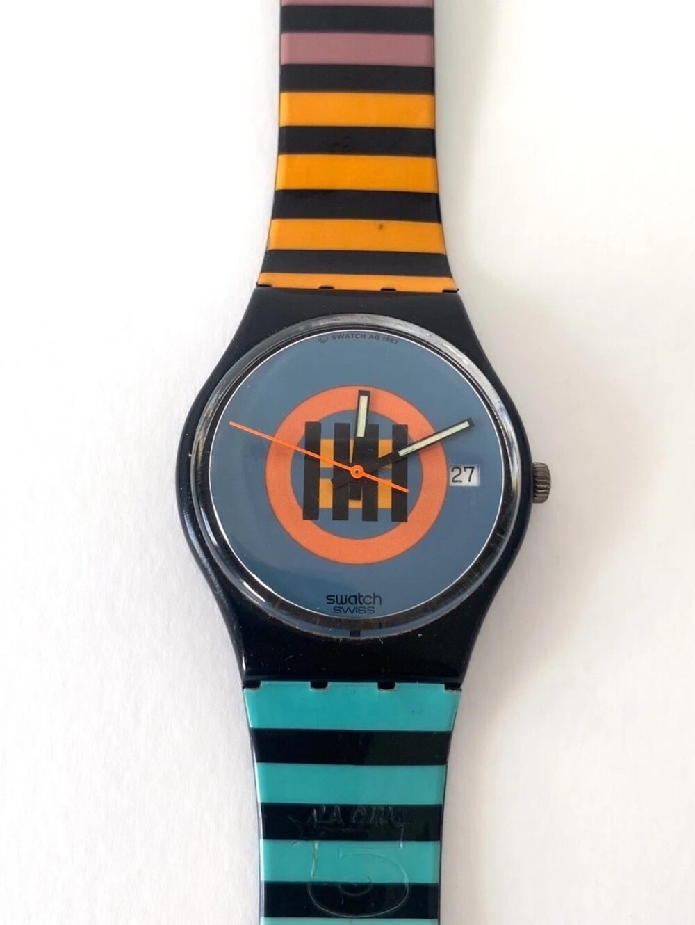 Swatch Gent Vintage Multicolored Striped Dial Watch 1988 EUC